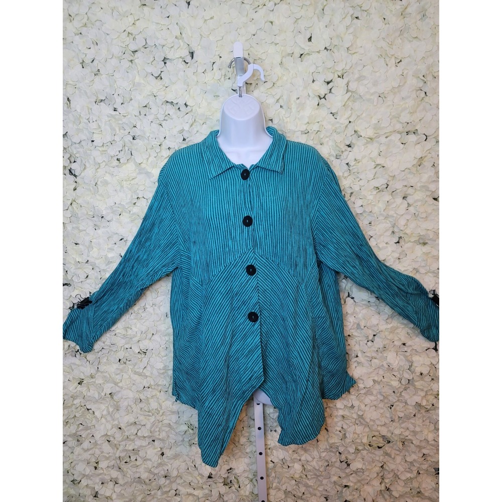 80s/90s Textured Linen Turquoise/blk Button Dwn Top Pleated Front W/pockets L